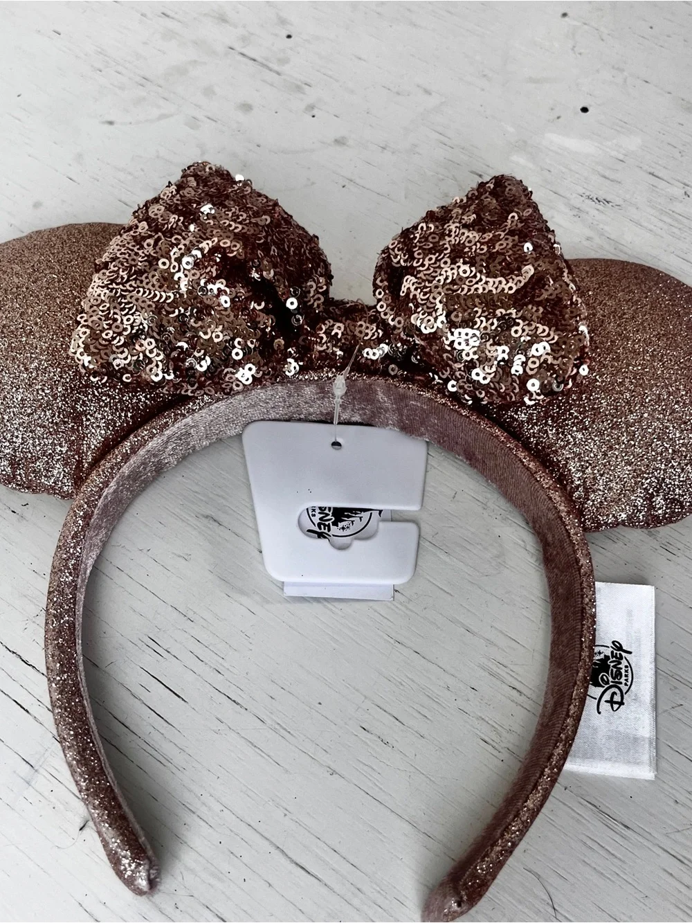 Disney Parks rose gold glitter sequin Minnie Mouse headband NWT